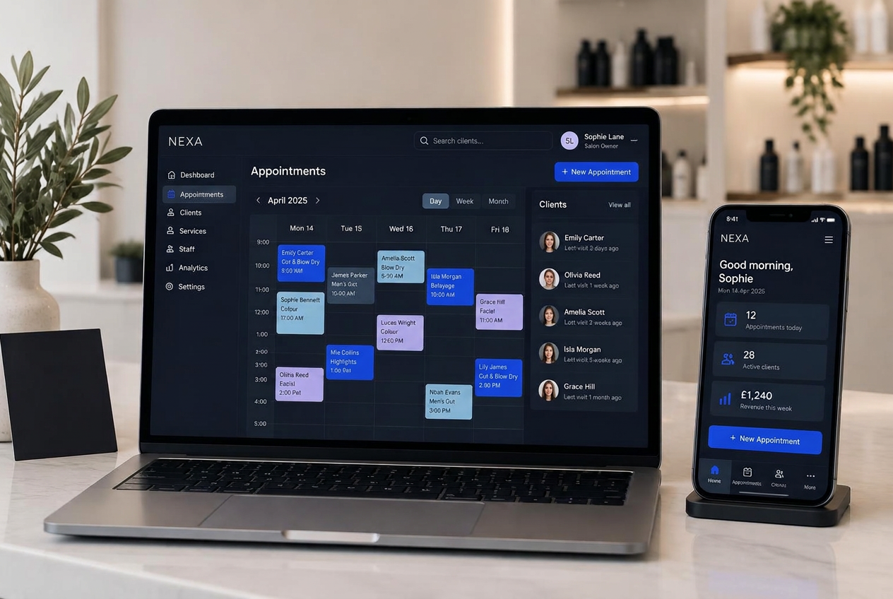 Painel de agendamentos da Nexa no computador e no celular